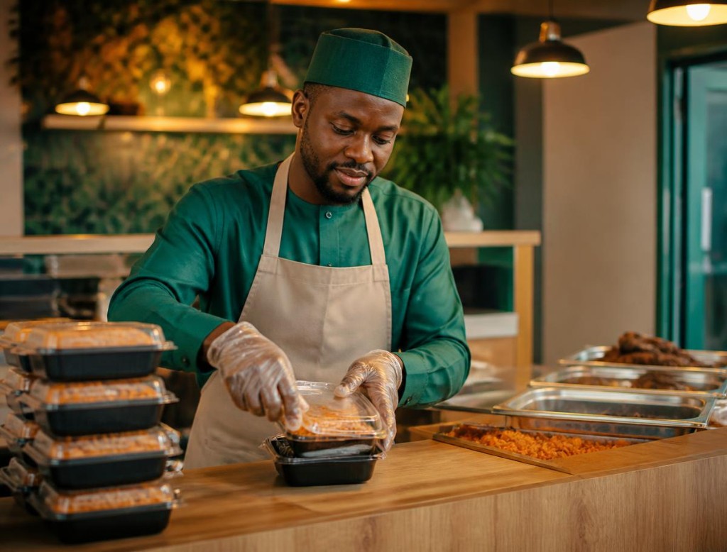 Food vendor packing orders in a commercial kitchen
